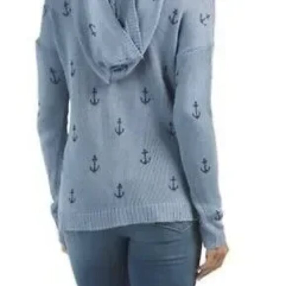 Marled NWT Super Soft Blue Acrylic Nautical Anchor Print Hooded Sweater Size M - Picture 2 of 13